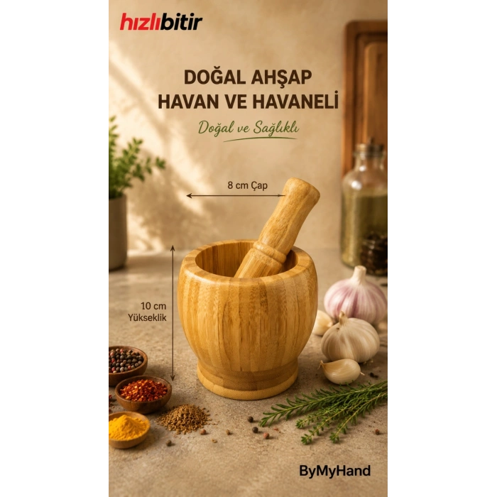 ByMyHand Bambu Doğal Ahşap Havan Havaneli Sarımsak Ezeceği Baharat Döveceği 10 x 8 Cm