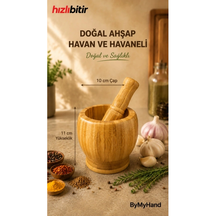 ByMyHand Bambu Doğal Ahşap Havan Havaneli Sarımsak Ezeceği Baharat Döveceği 11 x 10 Cm