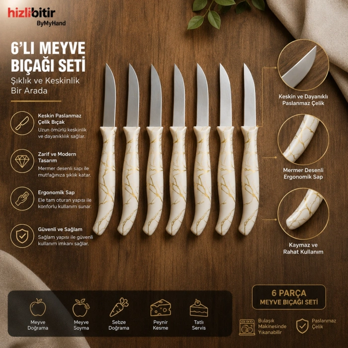 ByMyHand Beyaz Mermer Desenli Meyve Bıçağı 6lı Set