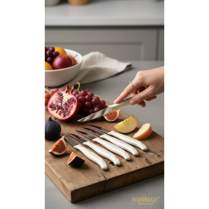 ByMyHand Beyaz Mermer Desenli Meyve Bıçağı 6lı Set