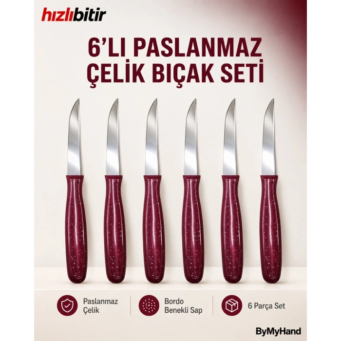 ByMyHand Bordo Meyve Bıçağı 6lı Set
