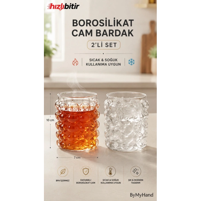 ByMyHand Cam Bombeli Kabarcıklı Su Bardağı 2li Set 330 Ml