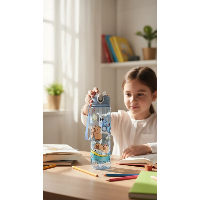 ByMyHand Lila Hayvan FigürlüTaşıma Kulplu Kilit Kapaklı Pipetli Suluk Okul Matarası 1000 Ml