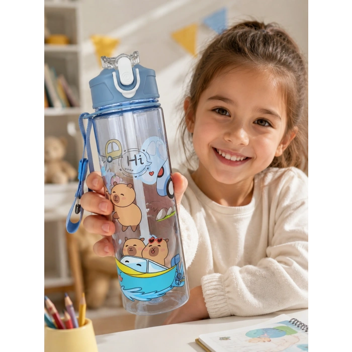 ByMyHand Lila Hayvan FigürlüTaşıma Kulplu Kilit Kapaklı Pipetli Suluk Okul Matarası 1000 Ml