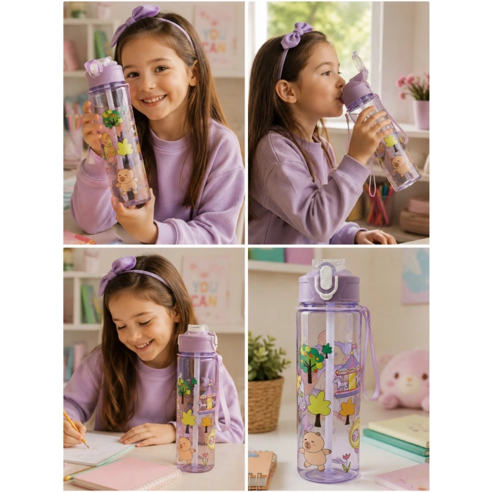 ByMyHand Mor Hayvan FigürlüTaşıma Kulplu Kilit Kapaklı Pipetli Suluk Okul Matarası 1000 Ml