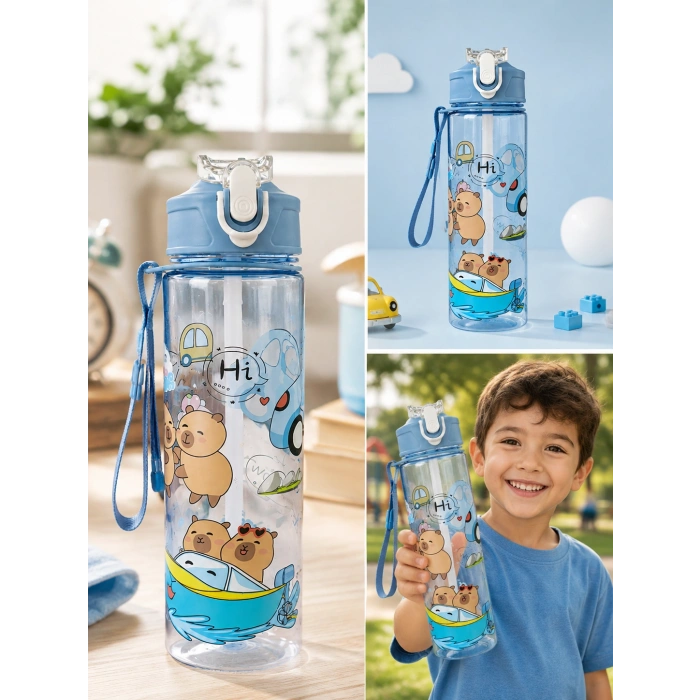 ByMyHand Lila Hayvan FigürlüTaşıma Kulplu Kilit Kapaklı Pipetli Suluk Okul Matarası 1000 Ml