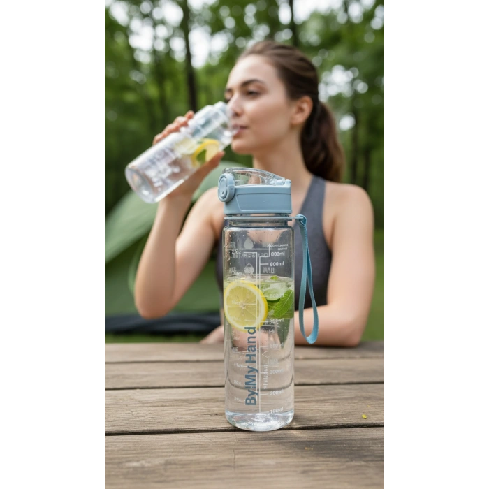 ByMyHand Mavi Taşıma Kulplu Kilit Kapaklı Pipetli Suluk Okul Matarası Motivasyon Matarası 800 Ml