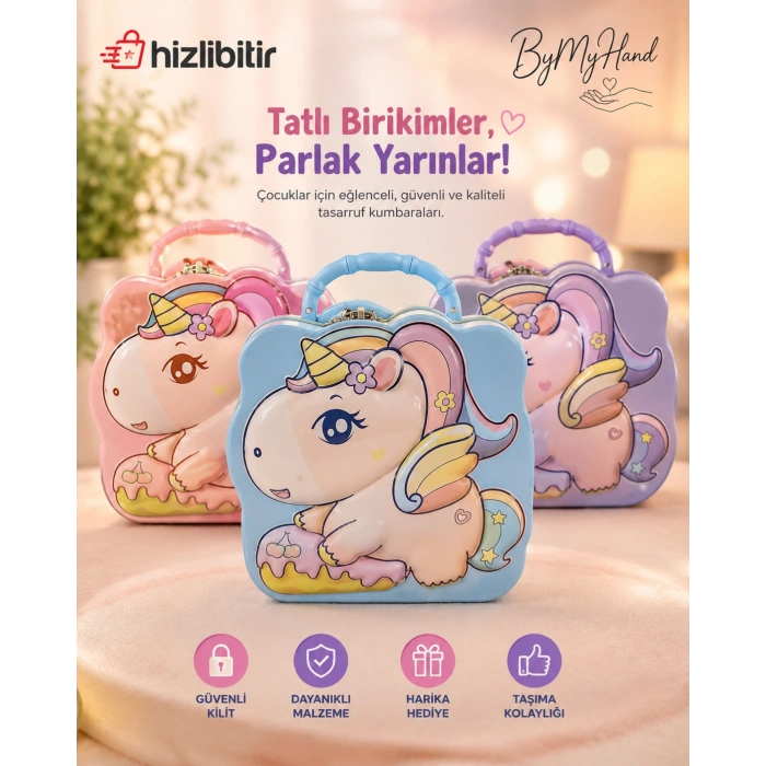 ByMyHand Metal Lila Kilitli Unicorn Temalı Kulplu Kumbara 17 x 16Cm