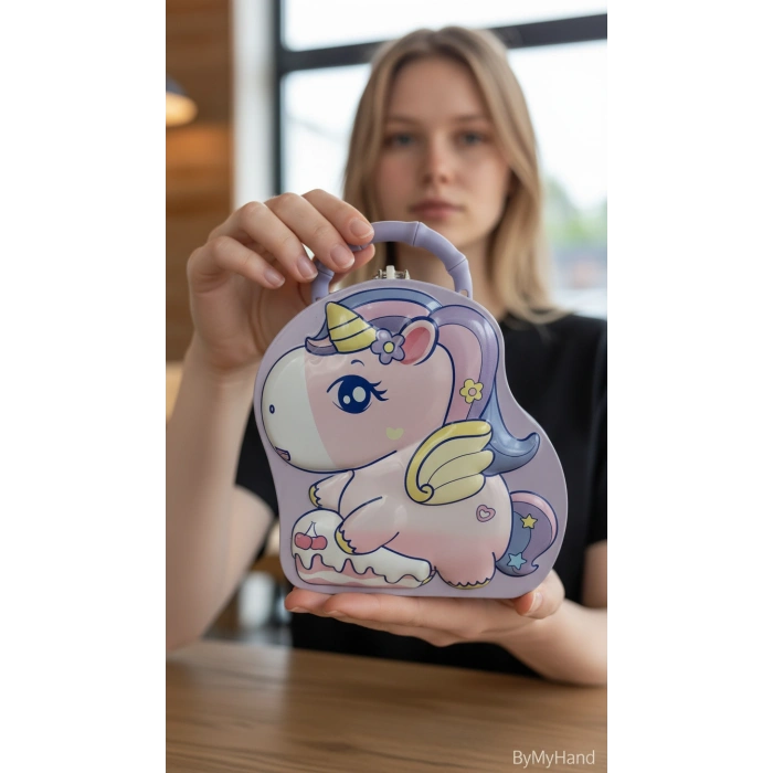 ByMyHand Metal Lila Kilitli Unicorn Temalı Kulplu Kumbara 17 x 16Cm