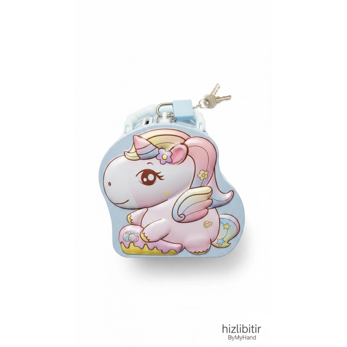 ByMyHand Metal Mavi Kilitli Unicorn Temalı Kulplu Kumbara 17 x 16Cm