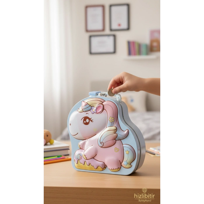 ByMyHand Metal Mavi Kilitli Unicorn Temalı Kulplu Kumbara 17 x 16Cm