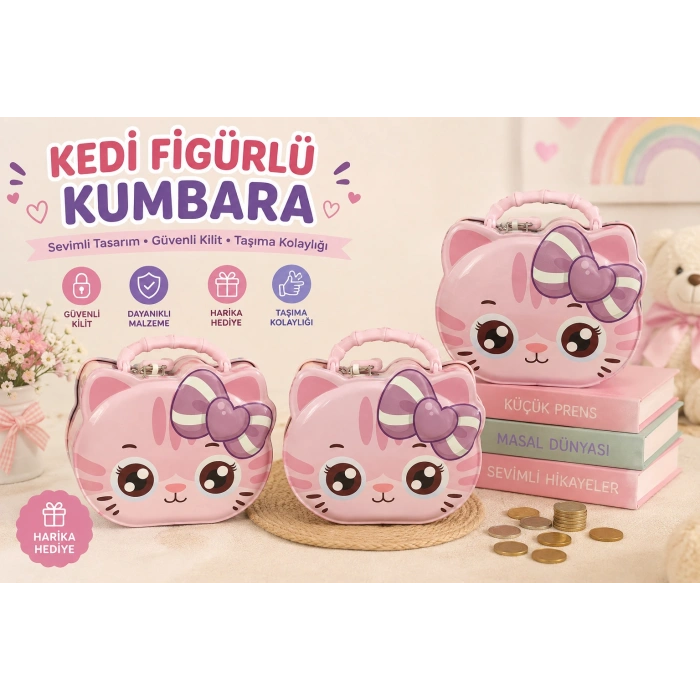 ByMyHand Metal Pembe Kilitli Kedi Temalı Kulplu Kumbara 12 x 15Cm