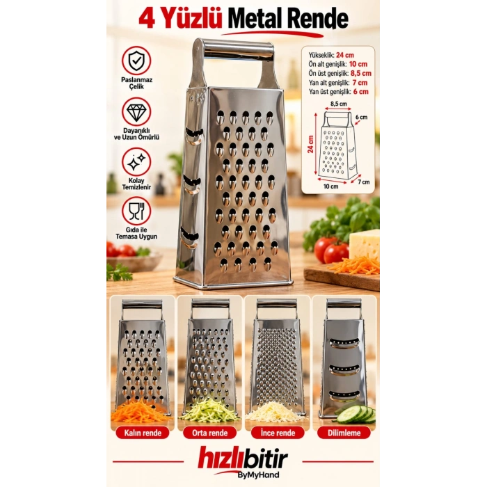 ByMyHand Paslanmaz Çelik 4 Taraflı Çok İşlevli Rende (Dilimleyici)