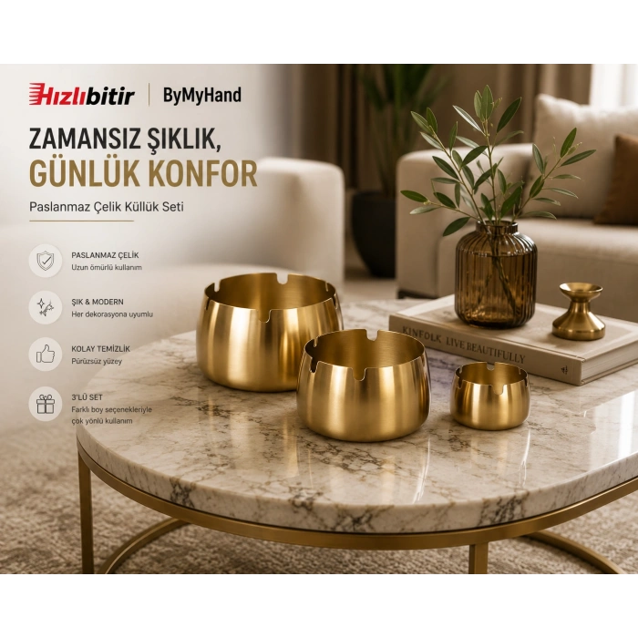 ByMyHand Paslanmaz Çelik Gold 3lü küllük Set