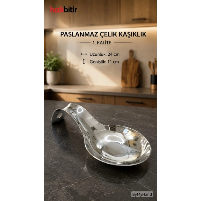 ByMyHand Paslanmaz Çelik Ocak Yanı Kaşıklık Kepçelik 24 x 11 Cm
