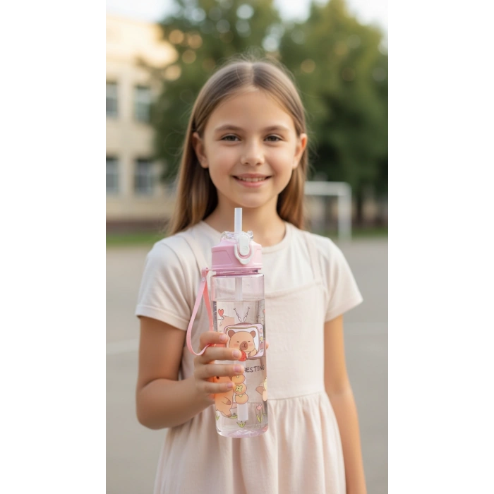 ByMyHand Pembe Hayvan FigürlüTaşıma Kulplu Kilit Kapaklı Pipetli Suluk Okul Matarası 1000 Ml