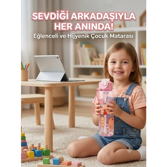ByMyHand Pembe Hayvan FigürlüTaşıma Kulplu Kilit Kapaklı Pipetli Suluk Okul Matarası 1000 Ml
