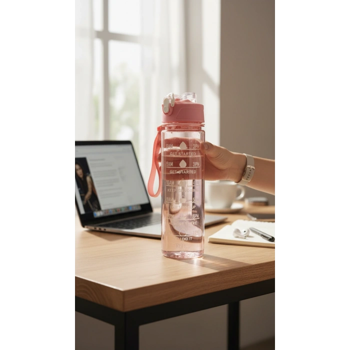 ByMyHand Pembe Taşıma Kulplu Kilit Kapaklı Pipetli Suluk Okul Matarası Motivasyon Matarası 800 Ml
