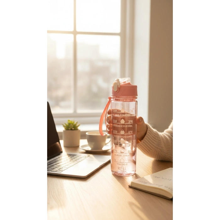 ByMyHand Pembe Taşıma Kulplu Kilit Kapaklı Pipetli Suluk Okul Matarası Motivasyon Matarası 800 Ml