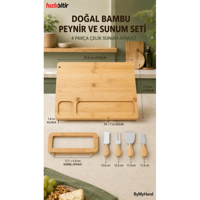 Doğal Bambu Bıçaklı Peynir Servis Sunum Seti 7 Parça Servis Aparatlı
