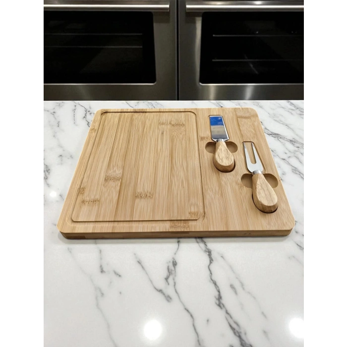 Doğal Bambu Bıçaklı Peynir Servis Sunum Tabağı Kahvaltı Sunum Tahtası Seti 3 Parça 30x25 Cm