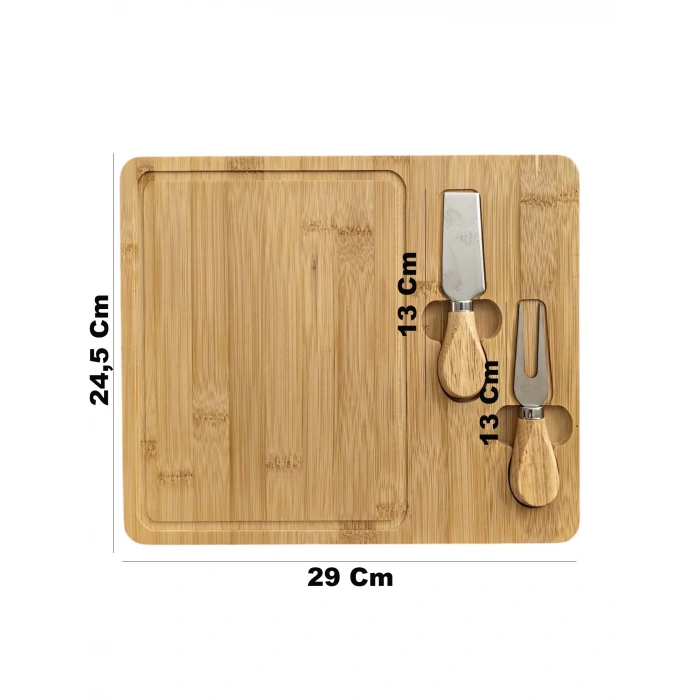Doğal Bambu Bıçaklı Peynir Servis Sunum Tabağı Kahvaltı Sunum Tahtası Seti 3 Parça 30x25 Cm