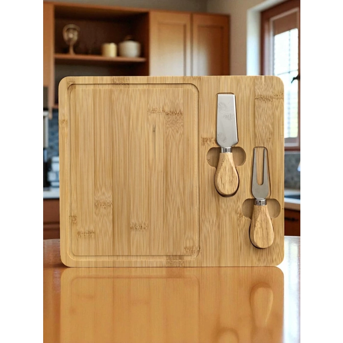 Doğal Bambu Bıçaklı Peynir Servis Sunum Tabağı Kahvaltı Sunum Tahtası Seti 3 Parça 30x25 Cm