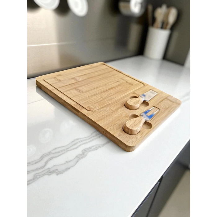 Doğal Bambu Bıçaklı Peynir Servis Sunum Tabağı Kahvaltı Sunum Tahtası Seti 3 Parça 30x25 Cm