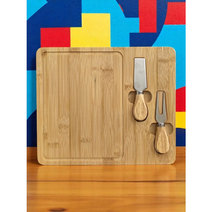 Doğal Bambu Bıçaklı Peynir Servis Sunum Tabağı Kahvaltı Sunum Tahtası Seti 3 Parça 30x25 Cm