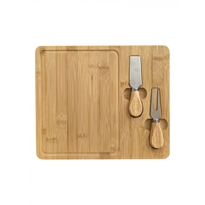 Doğal Bambu Bıçaklı Peynir Servis Sunum Tabağı Kahvaltı Sunum Tahtası Seti 3 Parça 30x25 Cm