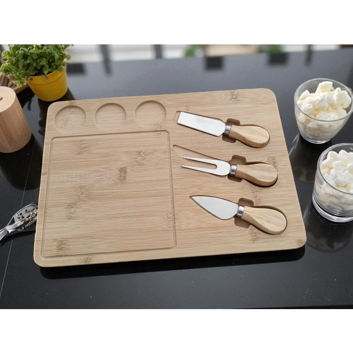 Doğal Bambu Bıçaklı Peynir Servis Sunum Tabağı Kahvaltı Sunum Tahtası Seti 4 Parça