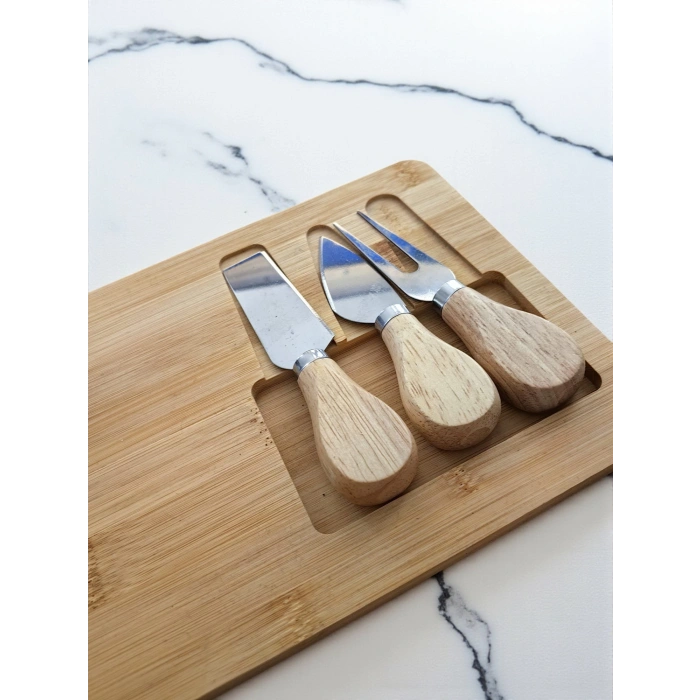 Doğal Bambu Bıçaklı Peynir Servis Sunum Tabağı Kahvaltı Sunum Tahtası Seti 4 Parça 30x17 Cm