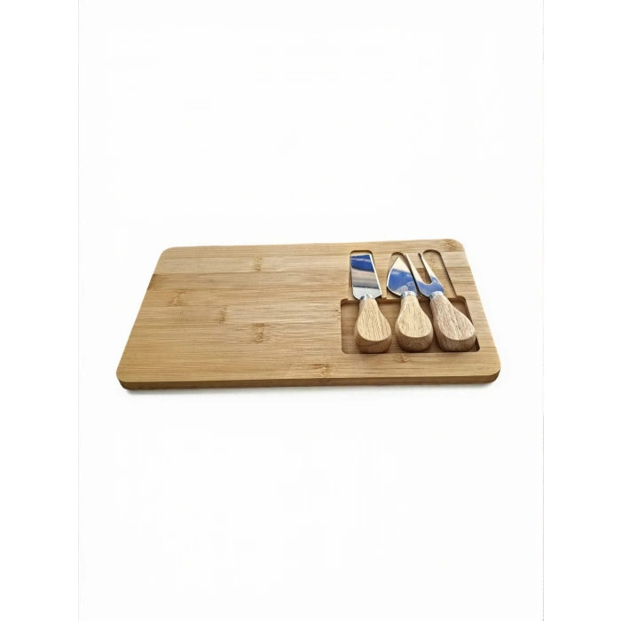 Doğal Bambu Bıçaklı Peynir Servis Sunum Tabağı Kahvaltı Sunum Tahtası Seti 4 Parça 30x17 Cm