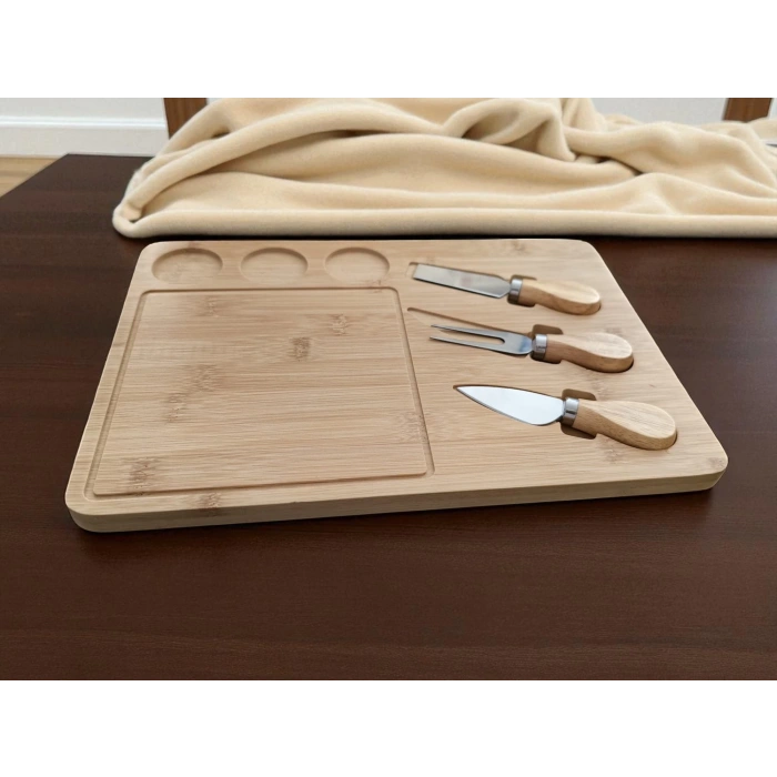 Doğal Bambu Bıçaklı Peynir Servis Sunum Tabağı Kahvaltı Sunum Tahtası Seti 4 Parça