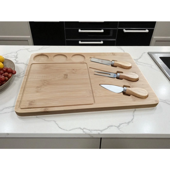 Doğal Bambu Bıçaklı Peynir Servis Sunum Tabağı Kahvaltı Sunum Tahtası Seti 4 Parça