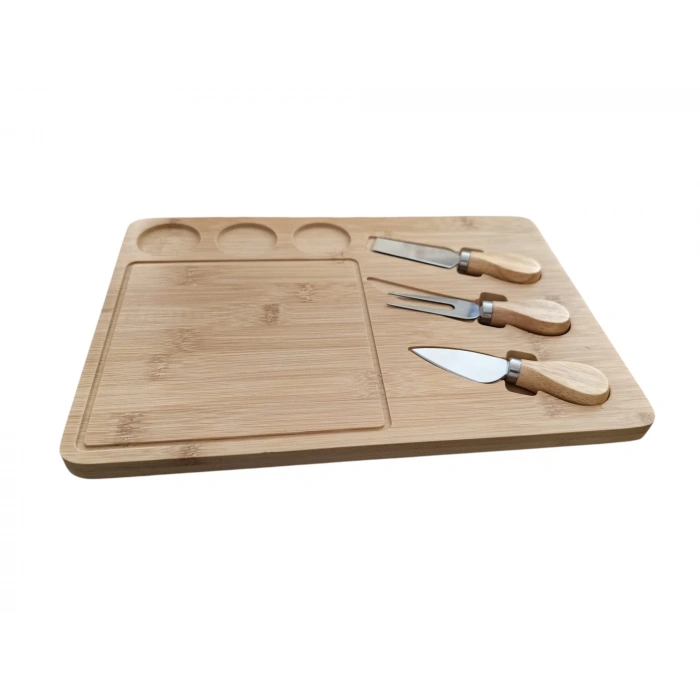 Doğal Bambu Bıçaklı Peynir Servis Sunum Tabağı Kahvaltı Sunum Tahtası Seti 4 Parça