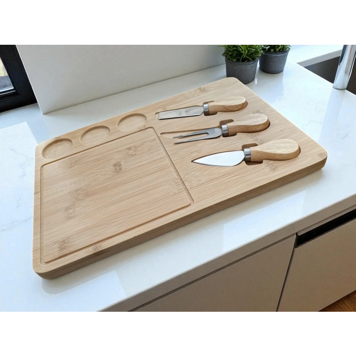 Doğal Bambu Bıçaklı Peynir Servis Sunum Tabağı Kahvaltı Sunum Tahtası Seti 4 Parça