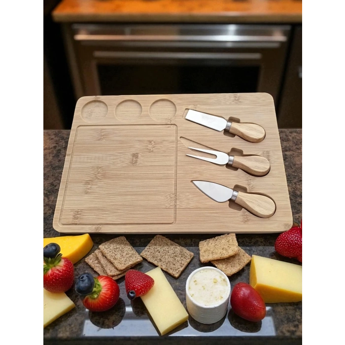 Doğal Bambu Bıçaklı Peynir Servis Sunum Tabağı Kahvaltı Sunum Tahtası Seti 4 Parça