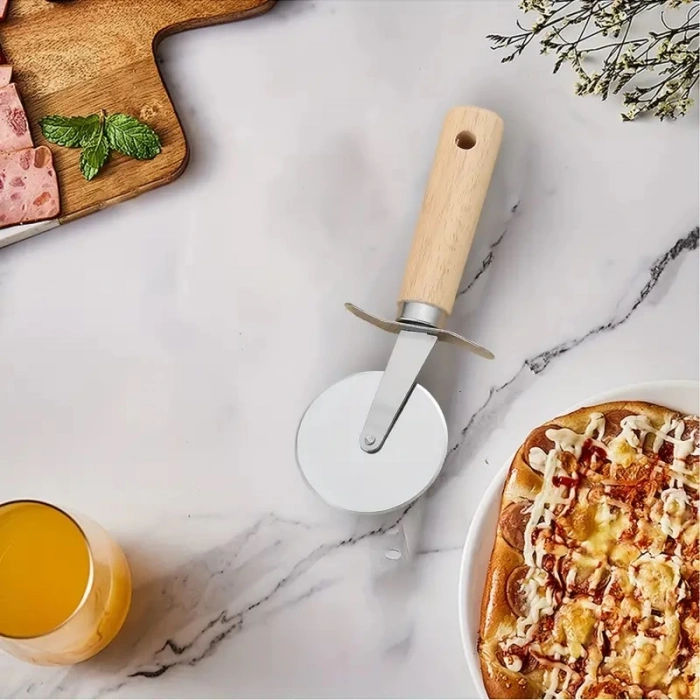 MyBru Paslanmaz Çelik Ahşap Saplı Pizza ve Hamur Kesici (Büyük Boy)