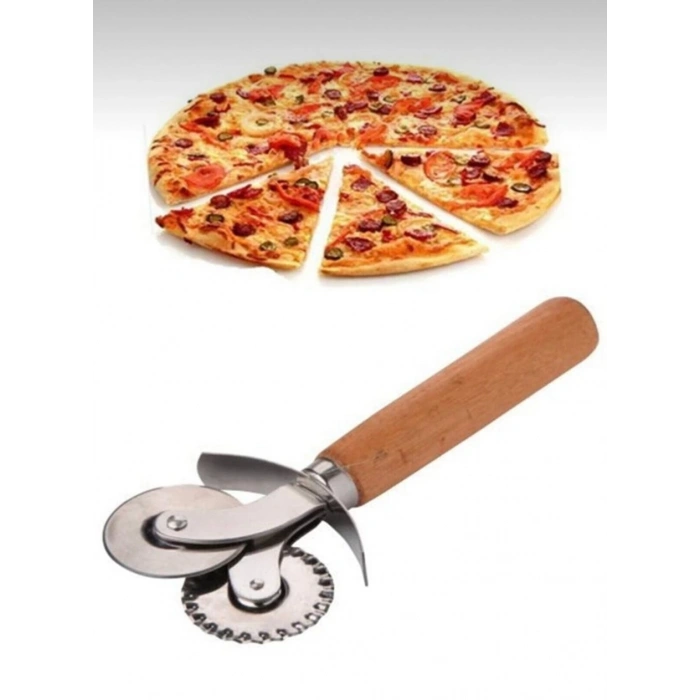 MyBru Paslanmaz Çelik Çift Başlı Ahşap Saplı Pizza ve Hamur Kesici