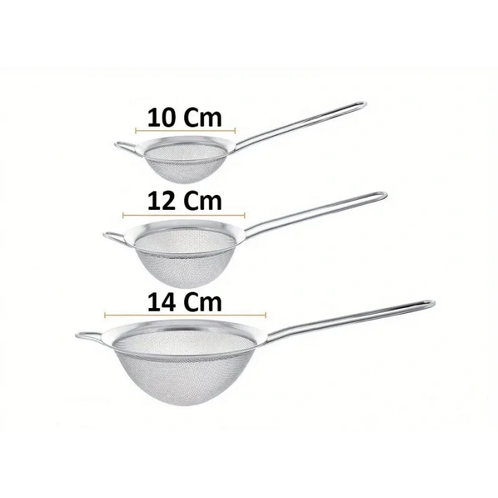 MyBru Paslanmaz Çelik Pratik 3lü Çay Süzgeci Sebze Un Süzgeç 10 12 14 Cm