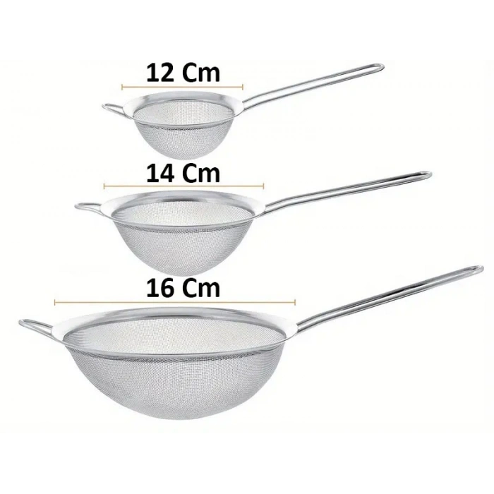 MyBru Paslanmaz Çelik Pratik 3lü Çay Süzgeci Sebze Un Süzgeç 12 14 16 Cm