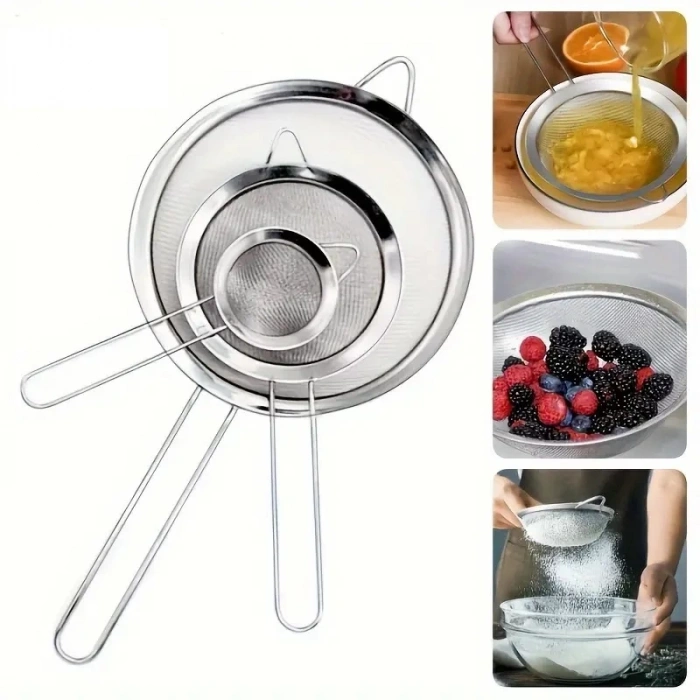 MyBru Paslanmaz Çelik Pratik 3lü Çay Süzgeci Sebze, Makarna Un Süzgeç 10 14 18 Cm
