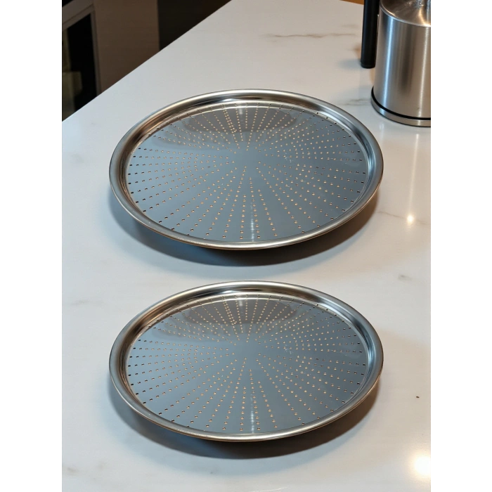 Paslanmaz Çelik Delikli Pizza Fırın Tepsisi Lahmacun Fırın Tepsisi 2li Set 28 32 Cm