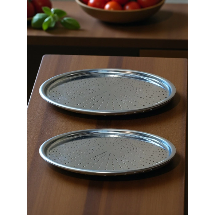 Paslanmaz Çelik Delikli Pizza Fırın Tepsisi Lahmacun Fırın Tepsisi 2li Set 28 32 Cm
