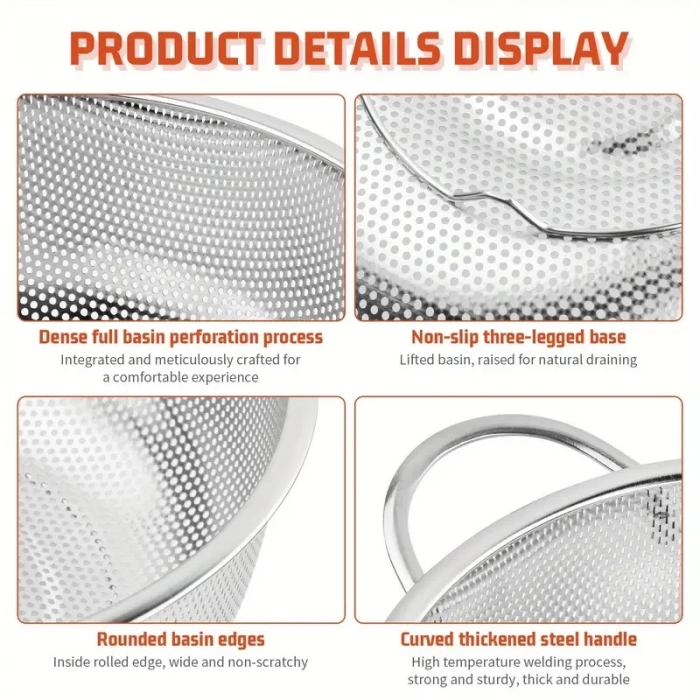 Paslanmaz Çelik Kulplu Çok Amaçlı Makarna Un Meyve Sebze 3lü Süzgeç 25 22 19 Cm