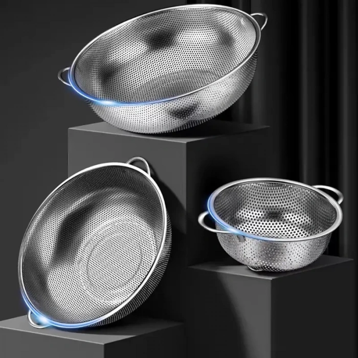 Paslanmaz Çelik Kulplu Çok Amaçlı Makarna Un Meyve Sebze 3lü Süzgeç 25 22 19 Cm