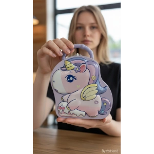 ByMyHand Metal Lila Kilitli Unicorn Temalı Kulplu Kumbara 17 x 16Cm