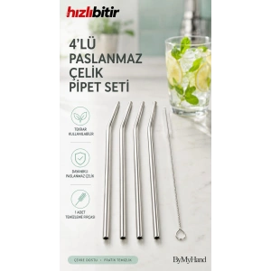 ByMyHand Paslanmaz Çelik Pipet 4lü Set (Temizleme Fırçası Hediye)