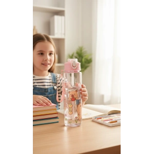 ByMyHand Pembe Hayvan FigürlüTaşıma Kulplu Kilit Kapaklı Pipetli Suluk Okul Matarası 1000 Ml